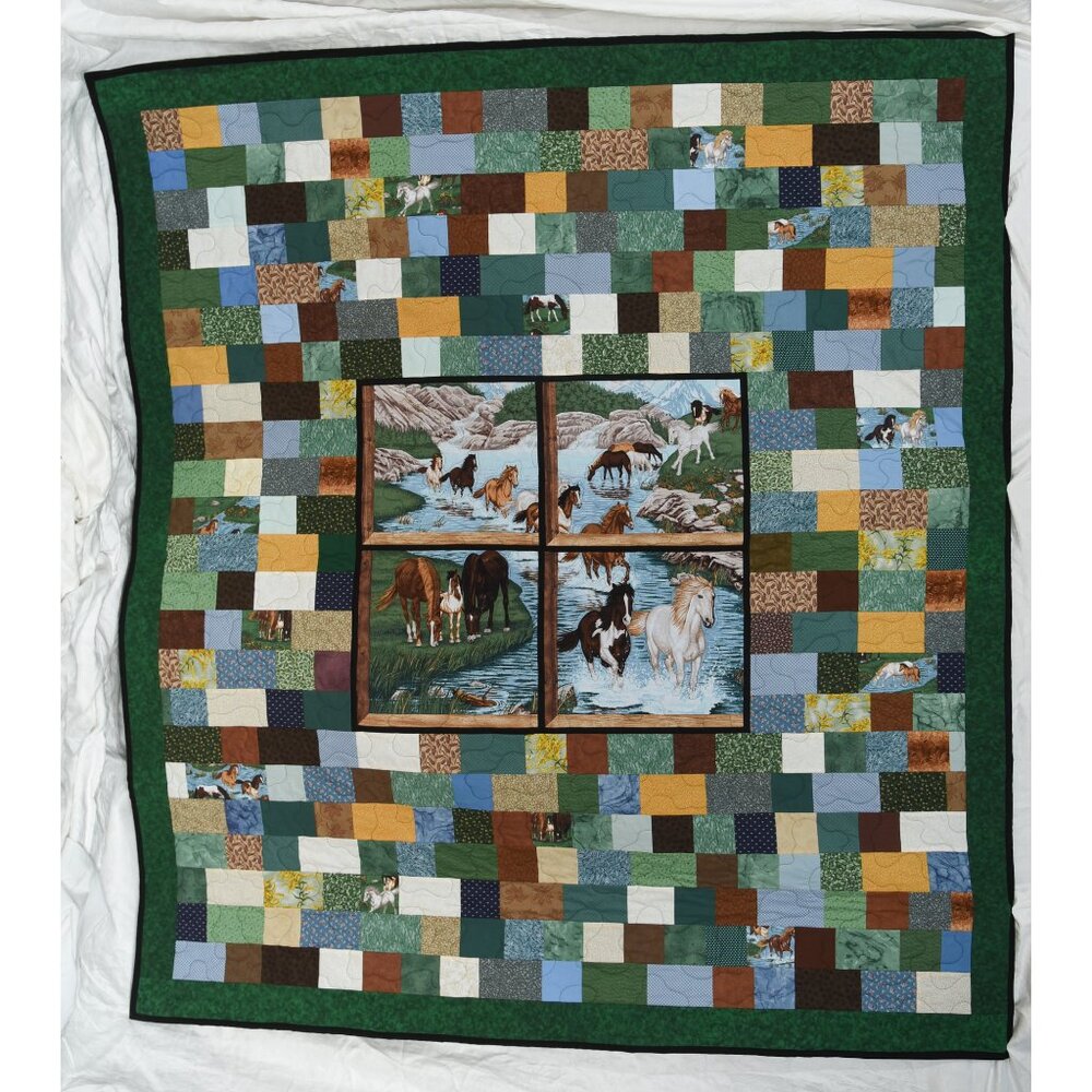 New, handmade Twin Quilt, Beautiful horses out the window with patchwork design